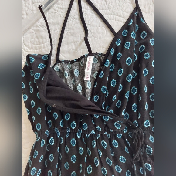 Xhilaration - Black & Blue Geometric Floral Spaghetti Strap Maxi Dress w/ Slit - Picture 4 of 10